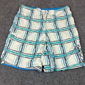Ron Jon Surf Shop Mens Board Shorts‎ Size 34 White Blue Green Plaid Swim Trunks